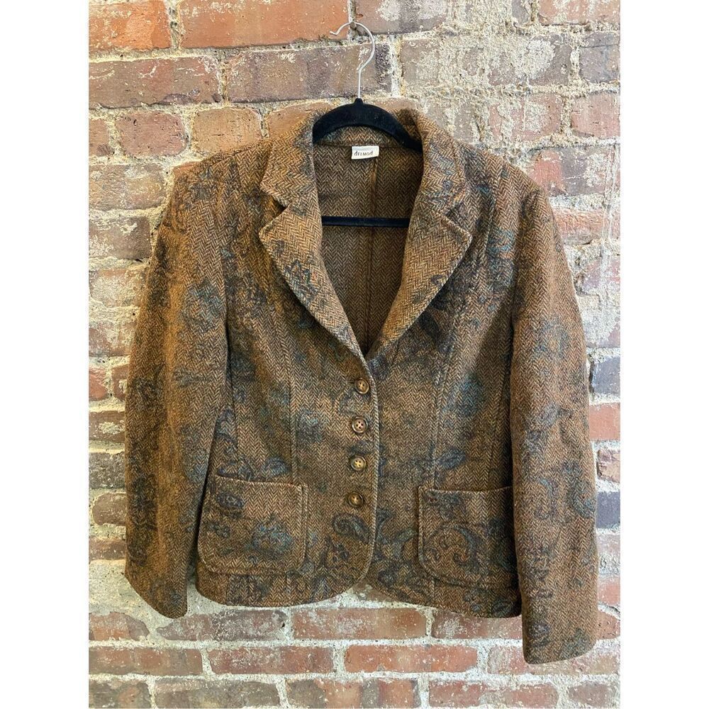 Del Mod International  Wool blend Floral Print Herringbone Brown Full button-up